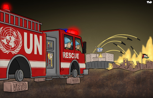 Cartoon: UN to the rescue (medium) by Tjeerd Royaards tagged israel,palestine,jerusalem,gaza,un,united,nations,veto,israel,palestine,jerusalem,gaza,un,united,nations,veto