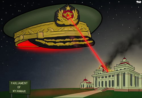 Cartoon: We do not come in peace (medium) by Tjeerd Royaards tagged myanmar,coup,military,dictatorship,democracy,attack,ufo,aliens,burma,myanmar,coup,military,dictatorship,democracy,attack,ufo,aliens,burma