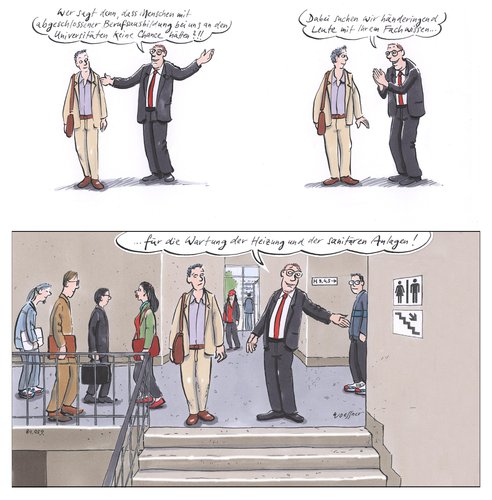 Cartoon: abgeschlossenen Berufsausbildung (medium) by woessner tagged abgeschlossene,berufsausbildung,universität,bildung,hochschule,hochschulzugang,qualifikation,herkunft,klassengesellschaft,fachwissen,klempner,installateur,studenten,professoren,abgeschlossene,berufsausbildung,universität,bildung,hochschule,hochschulzugang,qualifikation,herkunft,klassengesellschaft,fachwissen,klempner,installateur,studenten,professoren