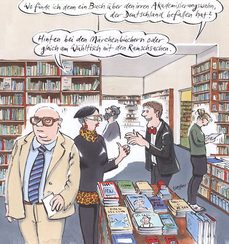 Cartoon: Akademisierungswahn Buchhandlung (medium) by woessner tagged freimut,woessner,karikaturen,cartoons,berufsausbildung,handwerk,facharbeiter,praktische,berufe,industrie,und,handelskammer,ihk,fachkräftemangel,ausbildungsberufe,azubi,lehrstelle,lehrling,auszubildende,akademisierungswahn,buchhandlung,märchenbücher,ramschware,verramschung,uni,universität,studium,abitur,höhere,schule,reifezeugnis,hochschule,akademie,hochschulzulassung,ausbildung,freimut,woessner,karikaturen,cartoons,berufsausbildung,handwerk,facharbeiter,praktische,berufe,industrie,und,handelskammer,ihk,fachkräftemangel,ausbildungsberufe,azubi,lehrstelle,lehrling,auszubildende,akademisierungswahn,buchhandlung,märchenbücher,ramschware,verramschung,uni,universität,studium,abitur,höhere,schule,reifezeugnis,hochschule,akademie,hochschulzulassung,ausbildung