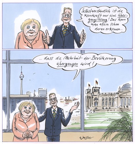 Cartoon: Atom Übergangslösung (medium) by woessner tagged übergangslösung,atomkraft,kernkraftwerk,atomenergie,kernenergie,strom,konzerne,energie,politik,regierung,merkel,weste,übergangslösung,atomkraft,kernkraftwerk,atomenergie,kernenergie,strom,konzerne,energie,akw,umwelt