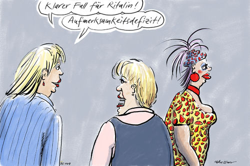 Cartoon: Aufmerksamkeit (medium) by woessner tagged ritalin,aufmerksamkeitsdefizit,freundinnen,klatsch,tratsch,mobbing,lästern,mode,aufgedonnert,overdressed,schminke,medizin,pharmaindustrie,rampensau,auffällig,aufmerksamkeitdefizithyperaktivi,aufmerksamkeitsdefizitsyndrom,ads,störung,krankheit,medikament,psychologie,psychisch,erziehung,jugendliche,auffälligkeit,woessner,karikatur,cartoon,ritalin,aufmerksamkeitsdefizit,freundinnen,klatsch,tratsch,mobbing,lästern,mode,aufgedonnert,overdressed,schminke,medizin,pharmaindustrie,rampensau,auffällig,aufmerksamkeitdefizithyperaktivitätssyndrom,aufmerksamkeitsdefizitsyndrom,ads,störung,krankheit,medikament,psychologie,psychisch,erziehung,jugendliche,auffälligkeit,woessner,karikatur,cartoon