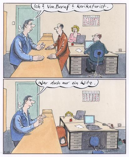 Cartoon: Beruf Karikaturist (medium) by woessner tagged karikaturist,islamismus,fatwah,angst,büro,medien,islam,mohammed,und,karikaturisten,hebdo,charlie