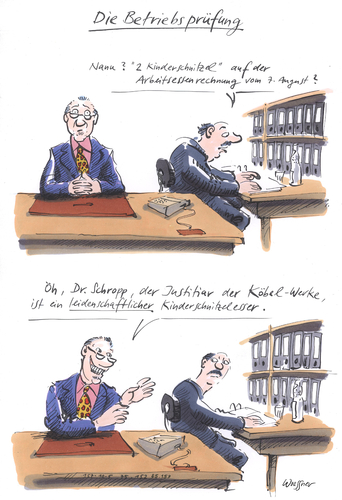 Cartoon: betriebsprüfung (medium) by woessner tagged woessner,cartoon,karikatur,betriebsprüfung,kinderschnitzel,steuer,steuerprüfung,finanzamt,finanzbeamter,steuerfahnder,steuerprüfer,steuerbetrug,arbeitsessen,rechnung,bewirtung,absetzen,abschreibung,kontrolle,buchhaltung,bilanz,betrieb,finanzbuchhaltung,betrug,steuerverkürzung,kavaliersdelikt,steuervermeidung,steuerberater,steuerberatung,steuererklärung,woessner,cartoon,karikatur,betriebsprüfung,kinderschnitzel,steuer,steuerprüfung,finanzamt,finanzbeamter,steuerfahnder,steuerprüfer,steuerbetrug,arbeitsessen,rechnung,bewirtung,absetzen,abschreibung,kontrolle,buchhaltung,bilanz,betrieb,finanzbuchhaltung,betrug,steuerverkürzung,kavaliersdelikt,steuervermeidung,steuerberater,steuerberatung,steuererklärung