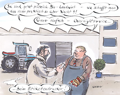 Cartoon: Bio Bauer (medium) by woessner tagged woessner,cartoons,karikaturen,preisschilder,auszeichnung,drucker,druckerei,service,schnelligkeit,geschwindigkeit,landwirt,traktor,stall,overnight,zum,biobauern,etikettenschwindel,biologische,landwirtschaft,reporter,statement,über,nacht,plötzlich,motivation,betrug,vergehen,kriminaltät,bauernhof,woessner,cartoons,karikaturen,preisschilder,auszeichnung,drucker,druckerei,service,schnelligkeit,geschwindigkeit,landwirt,traktor,stall,overnight,zum,biobauern,etikettenschwindel,biologische,landwirtschaft,reporter,statement,über,nacht,plötzlich,motivation,betrug,vergehen,kriminaltät,bauernhof