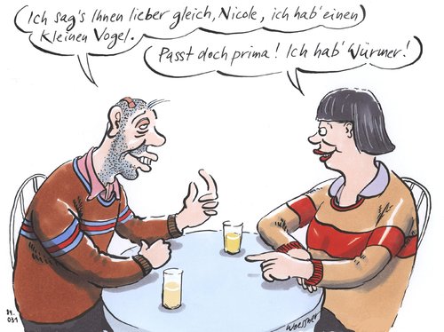 Cartoon: blind date (medium) by woessner tagged kleiner,vogel,first,date,beziehung,erotik,verabredung,kennenlernen,speed,neurose,psychose,psychische,störung,harmonie,übereinstimmung,seelenverwandtschaft,tiere,wurm,kleiner,vogel,first,date,beziehung,erotik,verabredung,kennenlernen,speed,neurose,psychose,psychische,störung,harmonie,übereinstimmung,seelenverwandtschaft,tiere,wurm