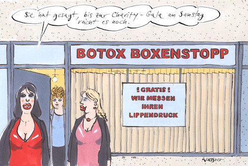 Cartoon: Botox (medium) by woessner tagged woessner,karikaturen,cartoons,schönheit,aussehen,wettlauf,konkurrenz,schönheitskonkurrenz,schönheitsideal,erotik,künstlich,unecht,vortäuschung,vortäuschen,erotisches,signal,aufforderungscharakter,botox,boxenstopp,lippendruck,messung,schönheitschirurgie,schönheitswahn,charity,gala,marketing,kundenbindung,werbung,reklame,wettbewerb,rennen,formel,eins,wettrennen,woessner,karikaturen,cartoons,schönheit,aussehen,wettlauf,konkurrenz,schönheitskonkurrenz,schönheitsideal,erotik,künstlich,unecht,vortäuschung,vortäuschen,erotisches,signal,aufforderungscharakter,botox,boxenstopp,lippendruck,messung,schönheitschirurgie,schönheitswahn,charity,gala,marketing,kundenbindung,werbung,reklame,wettbewerb,rennen,formel,eins,wettrennen