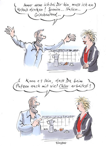 Cartoon: Chlor (medium) by woessner tagged woessner,karikaturen,cartoons,ferienzeit,reisen,erinnerung,andenken,assoziation,geruch,chemie,reinigungsmittel,zeierkiste,paar,chlor,urlaub,ferien,mittelmeer,mediterran,putzen,putzmittel,landesüblich,reinigung,reinigungskraft,putzfrau,südliche,länder,kompliment,enttäuschung,erwartung,beziehung,date,verabredung,woessner,karikaturen,cartoons,ferienzeit,reisen,erinnerung,andenken,assoziation,geruch,chemie,reinigungsmittel,zeierkiste,paar,chlor,urlaub,ferien,mittelmeer,mediterran,putzen,putzmittel,landesüblich,reinigung,reinigungskraft,putzfrau,südliche,länder,kompliment,enttäuschung,erwartung,beziehung,date,verabredung