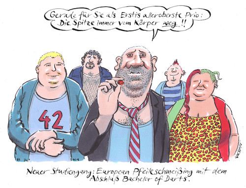 Cartoon: Dart (medium) by woessner tagged woessner,karikaturen,cartoons,european,pfeileschmeißing,europa,europäisch,angeben,prollig,proll,gesellschaft,freizeit,unterhaltung,zeitvertreib,kneipe,beize,kaschemme,dart,bachelor,of,darts,studiengang,bildung,sportart,studium,pfeilwerfen,akademie,universität,studierende,studenten,studieren,akademisch,aufwertung,prestige,ansehen,uni,studis,sport,woessner,karikaturen,cartoons,european,pfeileschmeißing,europa,europäisch,angeben,prollig,proll,gesellschaft,freizeit,unterhaltung,zeitvertreib,kneipe,beize,kaschemme,dart,bachelor,of,darts,studiengang,bildung,sportart,studium,pfeilwerfen,akademie,universität,studierende,studenten,studieren,akademisch,aufwertung,prestige,ansehen,uni,studis,sport