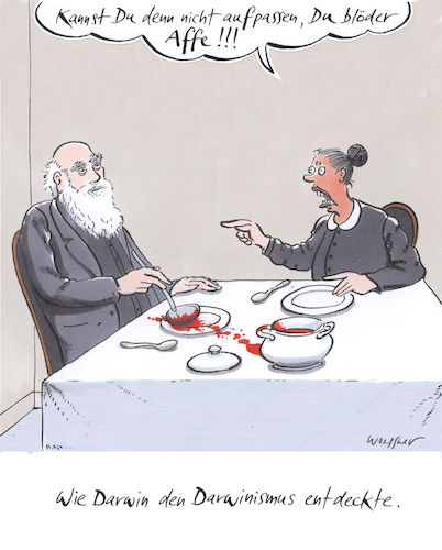 Cartoon: Darwinismus (medium) by woessner tagged freimut,woessner,karikaturen,cartoons,schöpfer,gott,göttlich,artenvielfalt,biologie,erdgeschichte,artensterben,survival,of,the,fittest,anpassung,angepasst,ehe,streit,zufall,esstisch,darwin,entdeckt,darwinismus,evolution,evolutionsgeschichte,kreationismus,kreationisten,darwinisten,charles,ehefrau,beschimpfung,affe,abstammungslehre,schöpfung,schöpfungsgeschichte,freimut,woessner,karikaturen,cartoons,schöpfer,gott,göttlich,artenvielfalt,biologie,erdgeschichte,artensterben,survival,of,the,fittest,anpassung,angepasst,ehe,streit,zufall,esstisch,darwin,entdeckt,darwinismus,evolution,evolutionsgeschichte,kreationismus,kreationisten,darwinisten,charles,ehefrau,beschimpfung,affe,abstammungslehre,schöpfung,schöpfungsgeschichte