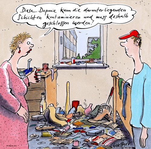 Cartoon: Deponie (medium) by woessner tagged kontamination,umwelt,familie,jugend,zimmer,ordnung,chaos,erziehung,deponie,müll,entsorgung