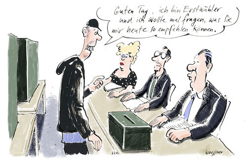 Cartoon: Erstwähler (medium) by woessner tagged freimut,woessner,cartoons,karikaturen,jugend,unsicherheit,politik,politisch,unpolitisch,abstimmung,demokratie,demokratisch,jugendlich,volljährig,volljährigkeit,wahlrecht,wahlen,partei,wahlzettel,erstwähler,wahllokal,wahl,wahlurne,wahlunterlagen,wahlschein,wähler,wählerinnen,wahlhelfer,einwohnermeldeamt,statistik,wahlempfehlung,wahlentscheidung,bundestagswahl,landtagswahlen,freimut,woessner,cartoons,karikaturen,jugend,unsicherheit,politik,politisch,unpolitisch,abstimmung,demokratie,demokratisch,jugendlich,volljährig,volljährigkeit,wahlrecht,wahlen,partei,wahlzettel,erstwähler,wahllokal,wahl,wahlurne,wahlunterlagen,wahlschein,wähler,wählerinnen,wahlhelfer,einwohnermeldeamt,statistik,wahlempfehlung,wahlentscheidung,bundestagswahl,landtagswahlen