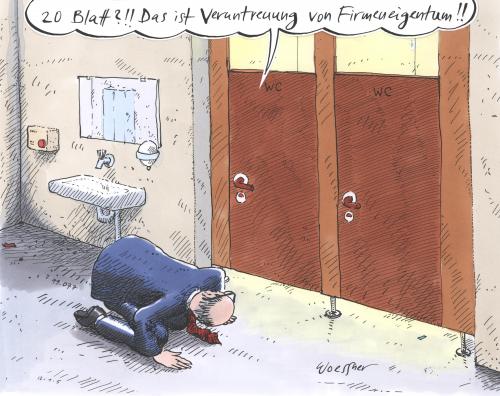 Cartoon: Firmeneigentum (medium) by woessner tagged firma,betrieb,eigentum,unternehmer,überwachung,kontrolle,bespitzelung,gewerkschaft,betriebsklima,sparsamkeit,geiz,toilette,klopapier,firma,betrieb,eigentum,unternehmer,unternehmen,arbeit,job,manager,überwachung,kontrolle,bespitzelung,spitzel,überprüfung,big brother,gewerkschaft,betriebsklima,sparsamkeit,geiz,toilette,klopapier,wc,papier,geizkragen,verbrauch,verbraucher,big,brother