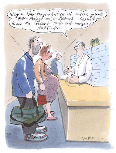 Cartoon: Geburtstermin (medium) by woessner tagged freimut,woessner,karikaturen,cartoons,imbiss,gourmet,feinschmecker,kellnerin,kellner,personal,wartungsarbeiten,geburt,eingeleitete,krankenhaus,klinik,aufnahme,erste,hilfe,notaufnahme,empfang,wehen,niederkunft,edv,technisierung,computer,pc,digitalisierung,künstlich,technisch,freimut,woessner,karikaturen,cartoons,imbiss,gourmet,feinschmecker,kellnerin,kellner,personal,wartungsarbeiten,geburt,eingeleitete,krankenhaus,klinik,aufnahme,erste,hilfe,notaufnahme,empfang,wehen,niederkunft,edv,technisierung,computer,pc,digitalisierung,künstlich,technisch