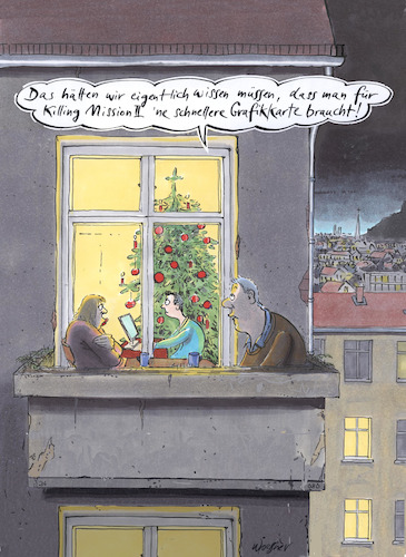 Cartoon: Grafikkarte (medium) by woessner tagged alles,digital,cartoons,karikaturen,woessner,killing,mission,weihnachtsfeier,familiär,konflikt,auseinandersetzung,balkon,krise,beziehung,eltern,kind,grafikkarte,weihnachten,computerspiele,geschenk,familie,internet,pc,mac,computerkomponenten,hardware,software,geschwindigkeit,speed,zeremonie,player,alles,digital,cartoons,karikaturen,woessner,killing,mission,weihnachtsfeier,familiär,konflikt,auseinandersetzung,balkon,krise,beziehung,eltern,kind,grafikkarte,weihnachten,computerspiele,geschenk,familie,internet,pc,mac,computerkomponenten,hardware,software,geschwindigkeit,speed,zeremonie,player