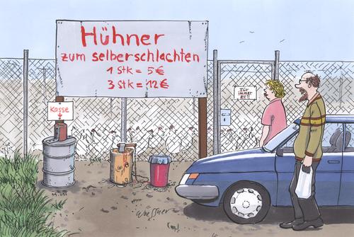 Cartoon: hühner schlachten (medium) by woessner tagged hühner,essen,konsum,sparsamkeit,gewalt,hühner,essen,konsum,sparsamkeit,gewalt,tier,tiere,huhn,vögel,vogel,schlachten,konsument,fleisch,selbstbedienung,nahrung