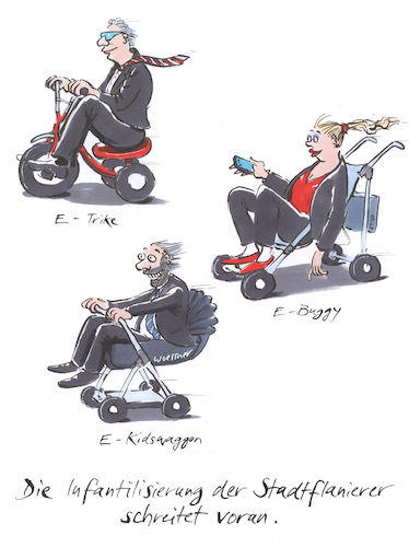 Cartoon: Infantilisierung (medium) by woessner tagged woessner,karikaturen,cartoons,mobilität,individualverkehr,elektrisch,batteriegetrieben,batterie,umwelt,luftverschmutzung,klimawandel,klimaerwärmung,fortbewegung,stadtverkehr,berufsverkehr,verkehrskollaps,infantilisierung,stadtflanierer,roller,trike,buggy,stadtleben,scooter,verkindlichung,verniedlichung,hipster,nichtsnutze,coole,leute,carpe,diem,hedonisten,stadtmenschen,touristen,flaneure,woessner,karikaturen,cartoons,mobilität,individualverkehr,elektrisch,batteriegetrieben,batterie,umwelt,luftverschmutzung,klimawandel,klimaerwärmung,fortbewegung,stadtverkehr,berufsverkehr,verkehrskollaps,infantilisierung,stadtflanierer,roller,trike,buggy,stadtleben,scooter,verkindlichung,verniedlichung,hipster,nichtsnutze,coole,leute,carpe,diem,hedonisten,stadtmenschen,touristen,flaneure