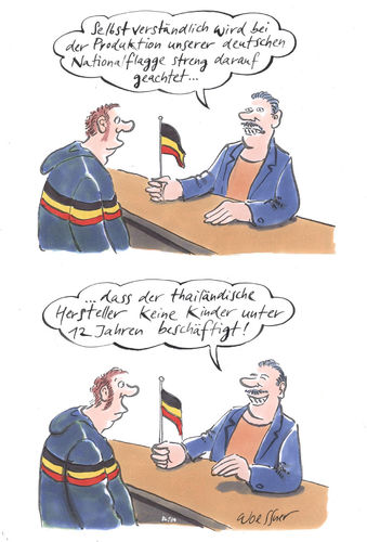 Cartoon: Kinderarbeit (medium) by woessner tagged woessner,karikatur,cartoon,national,nationalistisch,nationalbewusstsein,globalisierung,produktion,drittweltländer,schwellenländer,kapitalismus,deutsch,deutschland,schland,kinderarbeit,nationalismus,nationalflagge,nationalfahne,arbeitsbedingungen,ausbeutung,dritte,welt,lohndumping,mindestlohn,lohndifferenz,armutslohn,gewerkschaft,wirtschaft,ethik,woessner,karikatur,cartoon,national,nationalistisch,nationalbewusstsein,globalisierung,produktion,drittweltländer,schwellenländer,kapitalismus,deutsch,deutschland,schland,kinderarbeit,nationalismus,nationalflagge,nationalfahne,arbeitsbedingungen,ausbeutung,dritte,welt,lohndumping,mindestlohn,lohndifferenz,armutslohn,gewerkschaft,wirtschaft,ethik