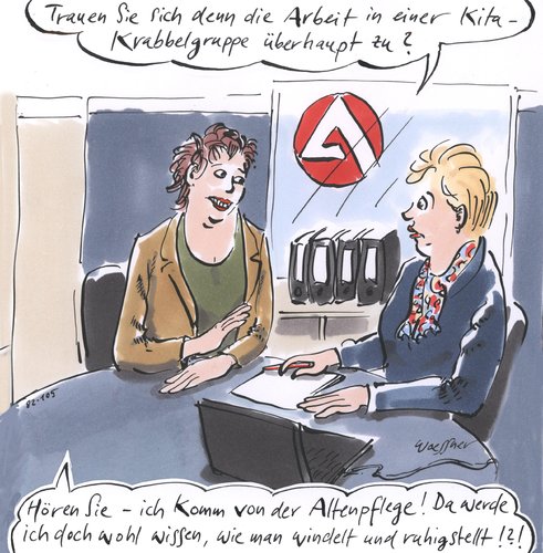 Cartoon: krabbelgruppe (medium) by woessner tagged kita,krabbelgruppe,erzieherinnen,seiteneinsteiger,berufsbegleitende,ausbildung,qualifizierung,beruf,eignung,begabung,fortbildung,arbeitsagentur,arbeitsamt,altenpflege,kita,krabbelgruppe,erzieherinnen,seiteneinsteiger,berufsbegleitende,ausbildung,qualifizierung,beruf,eignung,begabung,fortbildung,arbeitsagentur,arbeitsamt,altenpflege