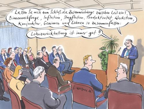 Cartoon: lohnzurückhaltung (medium) by woessner tagged lohn,wirtschaft,leitzins,binnennachfrage,inflation,stagflation,produktivität,wachstum,konjunktur,unternehmen,aktien,gewinn,geld,volkswirtschaft,lohn,wirtschaft,leitzins,binnennachfrage,inflation,stagflation,produktivität,wachstum,konjunktur,unternehmen,aktien,gewinn,geld,volkswirtschaft,finanzkrise,gehalt,gehälter,einkommen,rede,arbeit,job