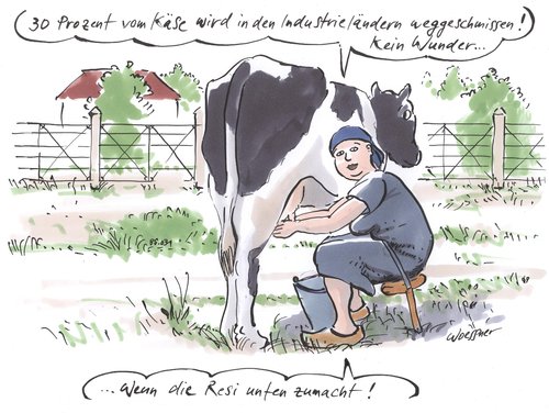 Cartoon: melkerin (medium) by woessner tagged melkerin,industrieländer,konsum,überproduktion,wegwerfgesellschaft,landwirtschaft,melkerin,industrieländer,konsum,überproduktion,wegwerfgesellschaft,landwirtschaft