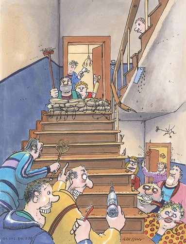 Cartoon: mieterkampf (medium) by woessner tagged mieterkampf,wohnen,wohnhaus,mietshaus,mietskaserne,feindschaft,krieg,mieterkampf,wohnen,wohnhaus,mietshaus,mietskaserne,feindschaft,krieg