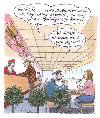 Cartoon: Sägemehl (medium) by woessner tagged regenwald,abgeholzt,hamburger,burgerking,mcdonald,fleisch,konsum,vegetarier,dritte,welt,geschmack,regenwald,abgeholzt,hamburger,burgerking,mcdonald,fleisch,konsum,vegetarier,dritte welt,geschmack,essen,lebensmittel,fast food,fast,food,dritte,welt