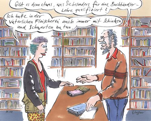 Cartoon: schinken und schwarten (medium) by woessner tagged ausbildung,lehre,buchhändler,metzger,fleischer,qualifikation,begabung,neigung,lehrstelle,jugendlich,ausbildung,lehre,buchhändler,metzger,fleischer,qualifikation,begabung,neigung,lehrstelle,jugendlich,arbeit,job,literatur,fleischerei,schinken,fleisch,buch,bücher