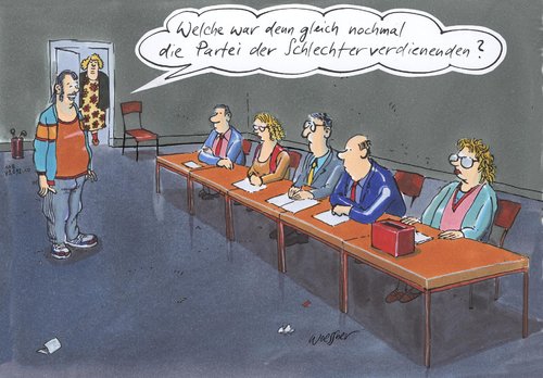 Cartoon: schlechterverdienend (medium) by woessner tagged partei,der,schlechterverdienenden,wahlen,wahlbüro,besserverdienende,fdp,cdu,spd,linkspartei,soziale,unterschiede,klasse,schicht,partei,der,schlechterverdienenden,wahlen,wahlbüro,besserverdienende,fdp,cdu,spd,linkspartei,soziale,unterschiede,klasse,schicht