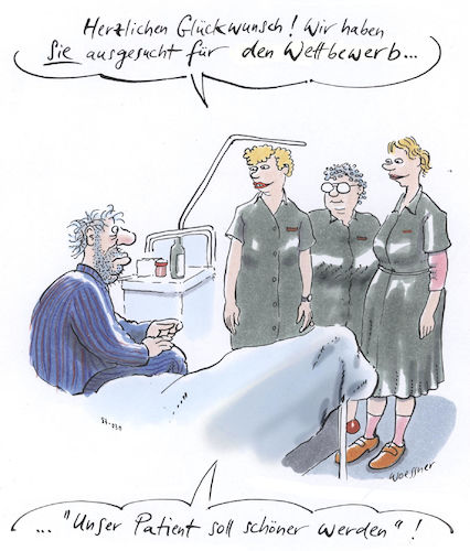 Cartoon: schöner Patient (medium) by woessner tagged freimut,woessner,karikaturen,cartoons,wettbewerb,verschönerung,krank,gesund,gesundheit,krankenzimmer,krankenstation,personal,dorf,soll,schöner,werden,patient,kranker,schwestern,krankenpflegerin,krankenhaus,pflegepersonal,medizin,krankheit,pflege,gepflegt,krankenbett,ästhetik,ästhetisch,schönheit,gepflegtheit,freimut,woessner,karikaturen,cartoons,wettbewerb,verschönerung,krank,gesund,gesundheit,krankenzimmer,krankenstation,personal,dorf,soll,schöner,werden,patient,kranker,schwestern,krankenpflegerin,krankenhaus,pflegepersonal,medizin,krankheit,pflege,gepflegt,krankenbett,ästhetik,ästhetisch,schönheit,gepflegtheit