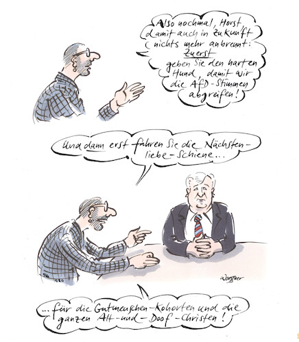 Cartoon: Seehofer Imagepflege (medium) by woessner tagged woessner,karikaturen,cartoons,afd,wahlen,stimmen,mehrheiten,parteien,wählerfang,wählerwanderung,gutmenschen,christen,cdu,christliche,demokratische,union,nächstenliebe,vortäuschung,scheinheilig,inhuman,humanität,seehofer,flüchtlinge,strategie,spin,doctor,werbestrategie,imagepflege,beratung,migranten,lesbos,flüchtlingslager,eu,aussengrenzen,flucht,migration,flüchtlingsbewegung,illegal,einreise,frontex,innenminister,woessner,karikaturen,cartoons,afd,wahlen,stimmen,mehrheiten,parteien,wählerfang,wählerwanderung,gutmenschen,christen,cdu,christliche,demokratische,union,nächstenliebe,vortäuschung,scheinheilig,inhuman,humanität,seehofer,flüchtlinge,strategie,spin,doctor,werbestrategie,imagepflege,beratung,migranten,lesbos,flüchtlingslager,eu,aussengrenzen,flucht,migration,flüchtlingsbewegung,illegal,einreise,frontex,innenminister