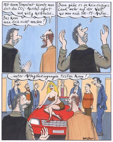 Cartoon: tempolimit 500 PS (medium) by woessner tagged tempolimit,co2,luftverschmutzung,klimawandel,deutschland,auto,kfz,bolide,geschwindigkeit,rausch,raserei,autobahn,umwelt