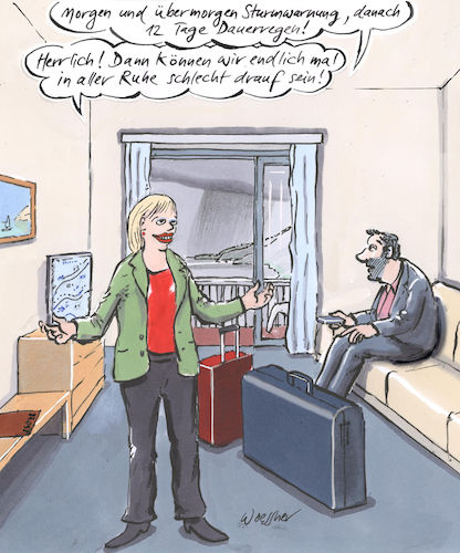 Cartoon: Urlaubsglück (medium) by woessner tagged freimut,woessner,karikaturen,cartoons,launisch,enttäuschung,ferienwohnung,ankunft,reise,hotel,clubanlage,pauschalurlaub,streit,verreisen,urlaubszeit,wetterbericht,sturm,regen,urlaubsglück,schlechte,laune,wetter,unwetter,wettervorhersage,urlaub,ferien,paradies,urlaubsparadies,beziehung,liebe,ehe,partnerschaft,probleme,erwartungen,glück,zufriedenheit,freimut,woessner,karikaturen,cartoons,launisch,enttäuschung,ferienwohnung,ankunft,reise,hotel,clubanlage,pauschalurlaub,streit,verreisen,urlaubszeit,wetterbericht,sturm,regen,urlaubsglück,schlechte,laune,wetter,unwetter,wettervorhersage,urlaub,ferien,paradies,urlaubsparadies,beziehung,liebe,ehe,partnerschaft,probleme,erwartungen,glück,zufriedenheit