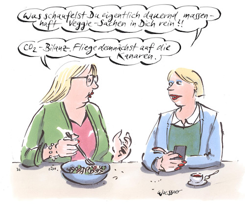 Cartoon: Veggie Bilanz (medium) by woessner tagged woessner,karikaturen,cartoons,carnivoren,allesfresser,fleischesser,massentierhaltung,tierproduktion,fleisch,fleischkonsum,ressourcen,flächenverbrauch,fleischerzeugung,flugreisen,urlaub,flugscham,veggie,bilanz,co,zwei,klima,umwelt,flugreise,vegetarier,fleischfresser,ausgleich,schlechtes,gewissen,vegetarisch,vegan,pflanzenfresser,kohlendioxyd,klimawandel,klimakatastrophe,klimaerwärmung,woessner,karikaturen,cartoons,carnivoren,allesfresser,fleischesser,massentierhaltung,tierproduktion,fleisch,fleischkonsum,ressourcen,flächenverbrauch,fleischerzeugung,flugreisen,urlaub,flugscham,veggie,bilanz,co,zwei,klima,umwelt,flugreise,vegetarier,fleischfresser,ausgleich,schlechtes,gewissen,vegetarisch,vegan,pflanzenfresser,kohlendioxyd,klimawandel,klimakatastrophe,klimaerwärmung