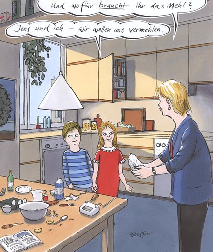 Cartoon: Vermehlen (medium) by woessner tagged familie,mutter,kind,liebe,hochzeit,backen,kochen,küche,missverständnis,sprache,beziehung,familie,mutter,kind,liebe,hochzeit,backen,kochen,küche,missverständnis,sprache,beziehung,eltern,kinder,mehl