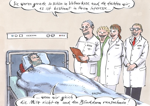 Cartoon: Vollnarkose (medium) by woessner tagged vollnarkose,operation,visite,arzt,krankenhaus,patient,ärzteteam,medizin,geschäft,betriebswirtschaft,kosten,nutzen,privatisierung,gesundheitswesen,gesundheitspolitik,vollnarkose,operation,visite,arzt,krankenhaus,patient,ärzteteam,medizin,geschäft,betriebswirtschaft,kosten,nutzen,privatisierung,gesundheitswesen,gesundheitspolitik