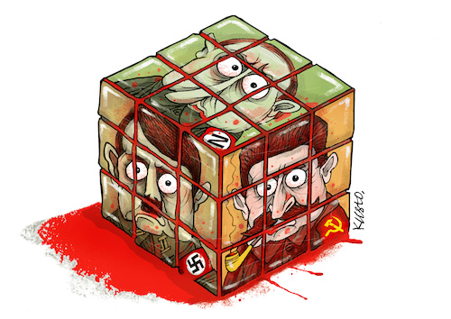 Cartoon: The cube of totalitarianism (medium) by kusto tagged putin,hitler,stalin,totalitarianism,putin,hitler,stalin,totalitarianism