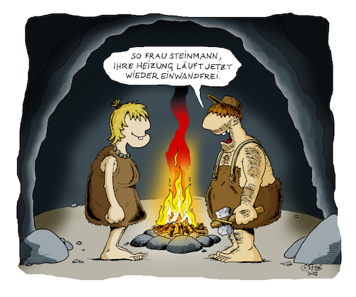 Cartoon: Heizungswartung (medium) by MosesCartoons tagged heizung,heizen,handwerker,wartung,steinzeit,kunde