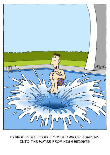 Cartoon: Hydrophobic (medium) by MosesCartoons tagged water,swimming,waterrepellent,pool,jump,mosescartoons,water,swimming,waterrepellent,pool,jump,mosescartoons