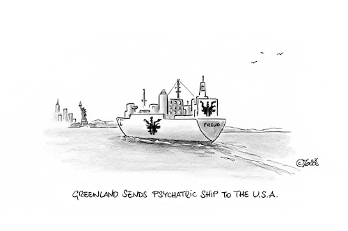Cartoon: Psychatric Ship (medium) by MosesCartoons tagged trump,greenland,psychatric,ship,usa,maga,hospital,trump,greenland,psychatric,ship,usa,maga,hospital