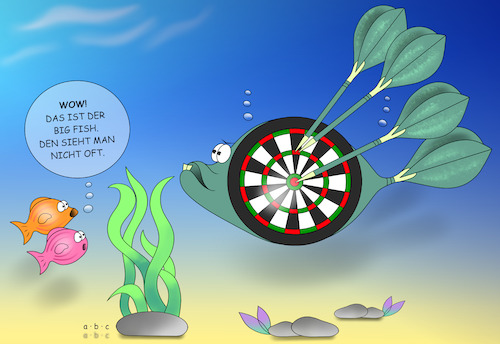 Cartoon: Big Fish (medium) by a-b-c tagged abc,dart,dartpfeil,pdc,sport,sport1,wm,finale,london,allypally,double,out,co,triple,bullseye,bigfish,punkte,wurf,werfen,bouncer,average,leg,set,dartboard,caller,checkout,doppelfelder,finish,game,highfinish,tops,gaga,wright,smith,bullyboy,clemens,gerwen,price,meer,fische,abc,dart,dartpfeil,pdc,sport,sport1,wm,finale,london,allypally,double,out,co,triple,bullseye,bigfish,punkte,wurf,werfen,bouncer,average,leg,set,dartboard,caller,checkout,doppelfelder,finish,game,highfinish,tops,gaga,wright,smith,bullyboy,clemens,gerwen,price,meer,fische