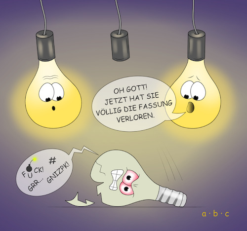 Cartoon: Fassungslos (medium) by a-b-c tagged abc,glühbirne,led,licht,lichtquelle,fassung,strom,stromkreis,lampe,elektrisch,elektronisch,energie,physik,steckdose,fassungslos,ausrasten,mutlos,schwarzsehen,wut,wütend,kontrolle,defekt,kaputt,scherben,abc,glühbirne,led,licht,lichtquelle,fassung,strom,stromkreis,lampe,elektrisch,elektronisch,energie,physik,steckdose,fassungslos,ausrasten,mutlos,schwarzsehen,wut,wütend,kontrolle,defekt,kaputt,scherben