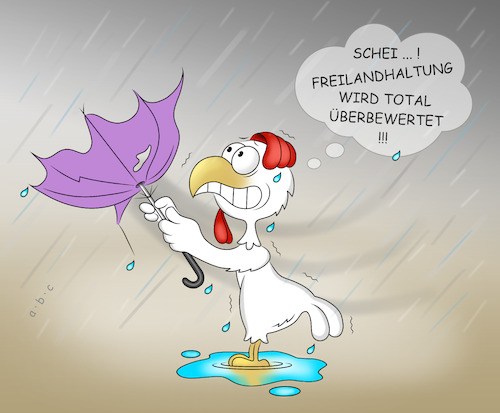 Cartoon: Freilandhaltung (medium) by a-b-c tagged abc,hühner,eier,hühnerfarm,freilandhaltung,wind,wetter,vorteil,nachteil,landwirtschaft,bauer,eierfarm,pfütze,regen,sturm,unwetter,schirm,abc,hühner,eier,hühnerfarm,freilandhaltung,wind,wetter,vorteil,nachteil,landwirtschaft,bauer,eierfarm,pfütze,regen,sturm,unwetter,schirm