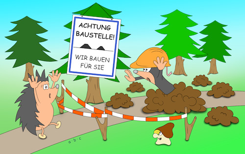 Cartoon: Wir bauen für sie (medium) by a-b-c tagged abc,wald,maulwurf,igel,autobahn,baustelle,baustellenschild,stau,verkehr,kollaps,straße,geduld,rücksicht,reparatur,mobilität,ausbesserung,straßenbau,baugrube,maulwurfshügel,verkehrsschild,autobahnkreuz,abc,wald,maulwurf,igel,autobahn,baustelle,baustellenschild,stau,verkehr,kollaps,straße,geduld,rücksicht,reparatur,mobilität,ausbesserung,straßenbau,baugrube,maulwurfshügel,verkehrsschild,autobahnkreuz