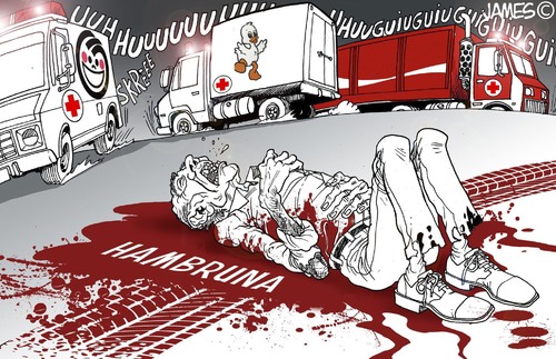 Cartoon: Primeros auxilios (medium) by JAMEScartoons tagged hambruna,comida,chatarra,ambulancia,atropellado,james,cartonista,jaime,mercado