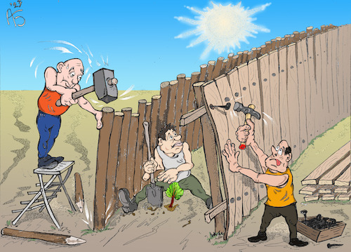 Cartoon: Grenzen - Zäune (medium) by Back tagged grenzen,diplomatie,vereinbarung,zäune,konflikt,eintracht,kontakt,beziehung