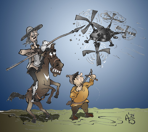Cartoon: Neuer Feind (medium) by Back tagged donquijote,copter,duell,probleme,zeit