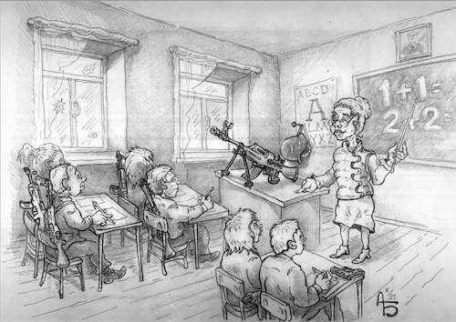 Cartoon: Notwehr (medium) by Back tagged notwehr,schule,amoklauf,shooting,schießerei,gun,waffe,arms,school,selfdefense