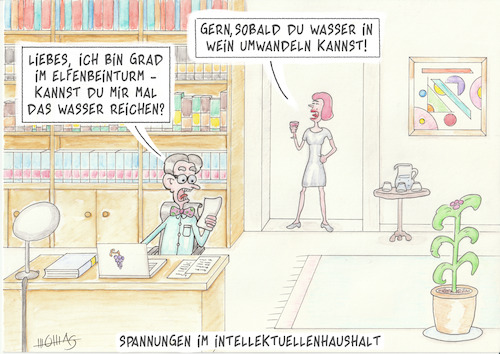 Cartoon: Spannungen im Intellektuellen (medium) by Thomas Novotny tagged intellektuelle,akademiker,paar,wertschätzung,zusammenleben,augenhöhe,elfenbeinturm,ehepaar,wein,wasser,wissenschaft,transformation,wandel,respekt,empathie