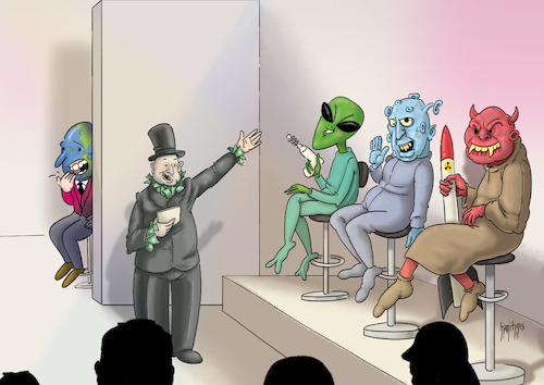 Cartoon: - (medium) by hamitgis tagged cartoon,karikatur,hamit,hamitgis,gis,dunya,gezegen,para,zenginlik,sunum,sahne,seyirci,uzayli,seytan,nukleersilah,tehdit,ikiyuzluluk,earth,planet,money,wealth,presentation,stage,audience,alien,devil,nuclearweapon,threat,hypocrisy